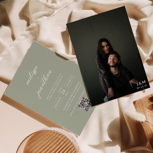 Modern Sage Green Photo Monogram QR Code Wedding Invitation