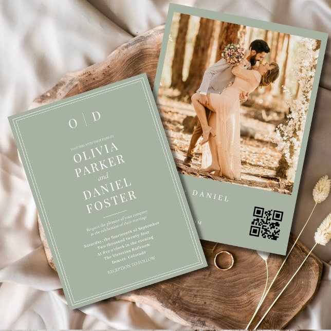 Modern Sage Green Photo QR Code Wedding Invitation (Creator Uploaded)