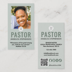 Modern Sage Green Photo QR Logo Church Pastor Business Card