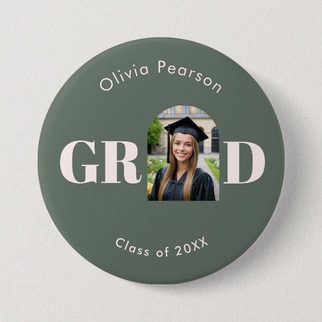 Modern Sage Green Pink Arch Photo Graduation 7.5 Cm Round Badge (Front)