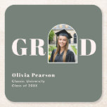 Modern Sage Green & Pink Arch Photo Graduation Square Paper Coaster<br><div class="desc">These custom paper coasters are perfect for graduation open houses, brunch celebrations, or evening receptions. Featuring a trendy sage green and blush pink background, and a unique arch-shaped photo frame within the "GRAD" typography, these coasters make a stylish addition to your big day. Simply upload a favorite photo, and enter...</div>