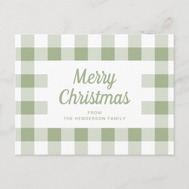Modern Sage Green Plaid Christmas Postcard (Front)