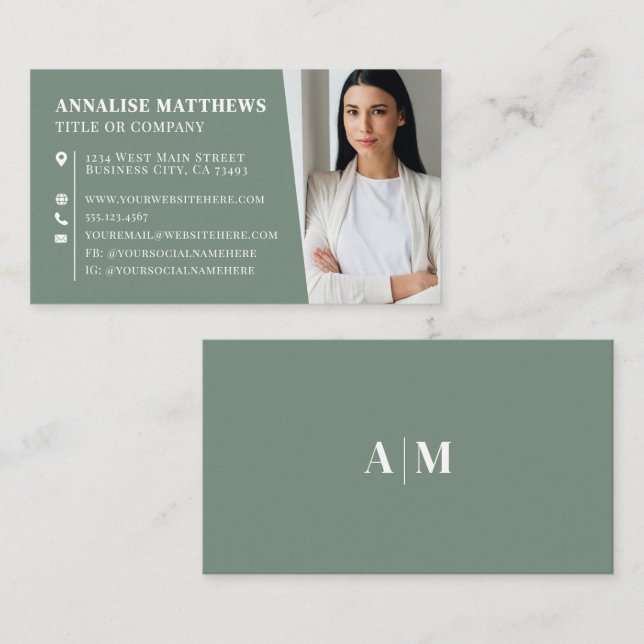 Modern Sage Green Professional Photo Business Card (Front/Back)