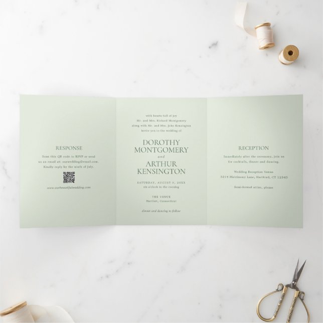 Modern Sage Green QR Code Elegant Wedding Tri-Fold Invitation (Inside)
