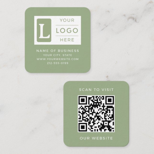 Modern Sage Green QR Code Minimalist Custom Logo Square Business Card (Front/Back)