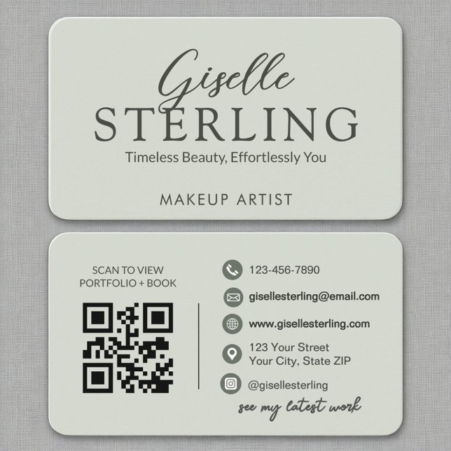 Modern Sage Green QR Code Script Elegant  Business Card (Creator Uploaded)
