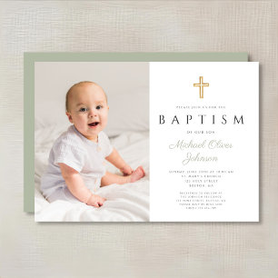 Modern Sage Green Religious Boy Photo Baptism Invitation