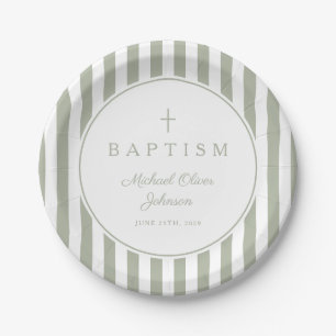 Modern Sage Green Religious Cross Baptism Paper Plate