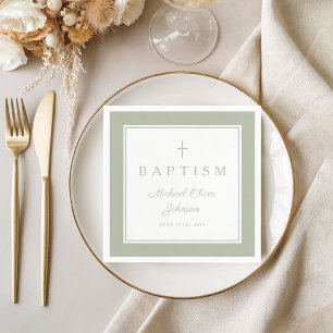 Modern Sage Green Religious Cross Boy Baptism Napkin
