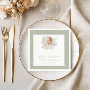 Modern Sage Green Religious Cross Boy Baptism Napkin