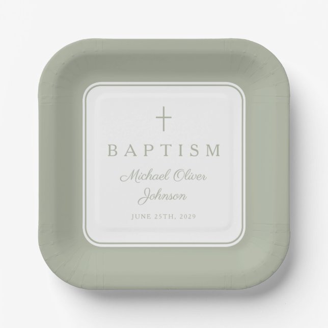 Modern Sage Green Religious Cross Boy Baptism Paper Plate (Front)