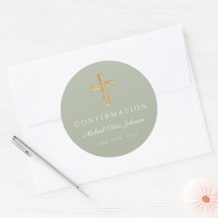 Modern Sage Green Religious Cross Boy Confirmation Classic Round Sticker