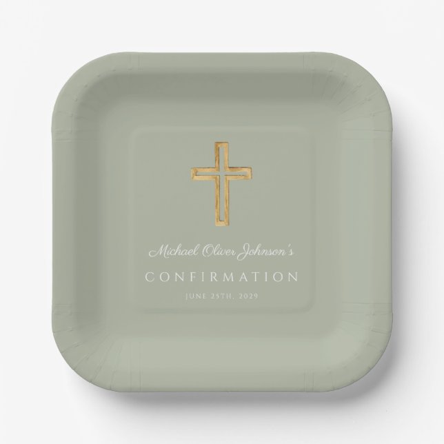 Modern Sage Green Religious Cross Boy Confirmation Paper Plate (Front)
