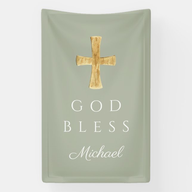 Modern Sage Green Religious Cross God Bless Banner (Vertical)
