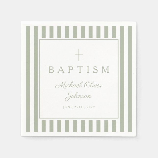 Modern Sage Green Religius Cross Boy Baptism Napkin (Front)