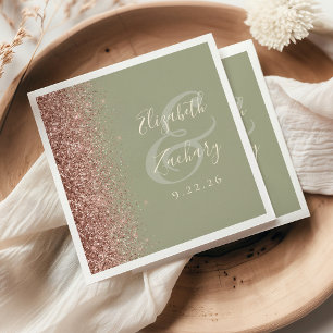 Modern Sage Green Rose Gold Glitter Edge Wedding Napkin