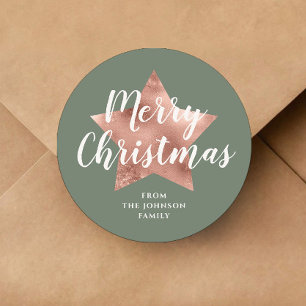 Modern Sage Green Rose Gold Star Christmas Classic Round Sticker