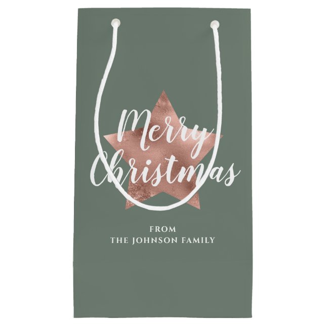 Modern Sage Green Rose Gold Star Christmas Small Gift Bag (Front)