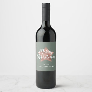 Modern Sage Green Rose Gold Star Christmas  Wine Label