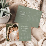Modern Sage Green Save the Date Photo Calendar Postcard<br><div class="desc">Modern Sage Green Save the Date Photo Calendar Postcard. Easily personalise by replacing each info. Please upload a portrait/vertical photo. Move the circle by clicking the link Customise further. Make sure to check the preview before adding to cart. (Photo by Jonathan Borba from Pexels)</div>