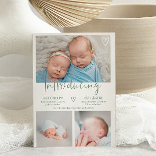 Modern sage green script 3 photo baby twins birth announcement