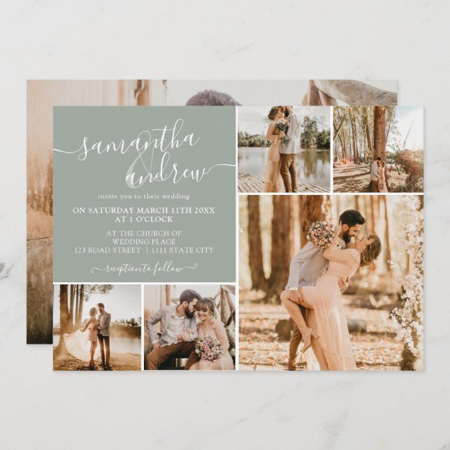 Modern sage green script 6 photos wedding invitation (Front/Back)
