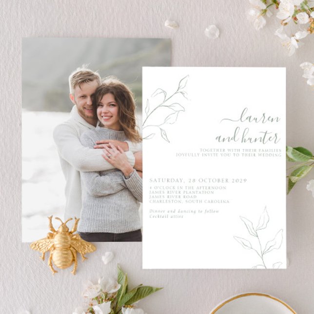 Modern Sage Green Script Botanical Photo Wedding Invitation (Creator Uploaded)