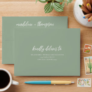 Modern Sage Green Script Calligraphy Wedding Envelope