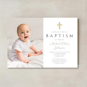 Modern Sage Green Script Cross Photo Baptism Invitation