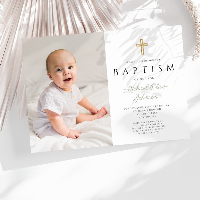 Modern Sage Green Script Cross Photo Baptism Invitation (Modern Sage Green Script Cross Photo Baptism Invitation)