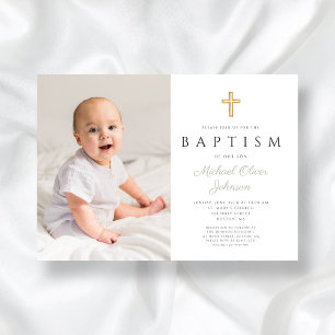 Modern Sage Green Script Cross Photo Baptism Invitation