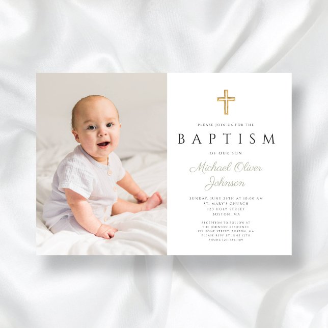 Modern Sage Green Script Cross Photo Baptism Invitation (Modern Sage Green Script Cross Photo Baptism Invitation)