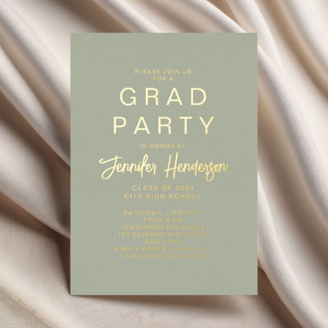 Modern Sage Green Script Graduation Party Gold (Modern Sage Green Script Graduation Party Gold Foil Invitation)