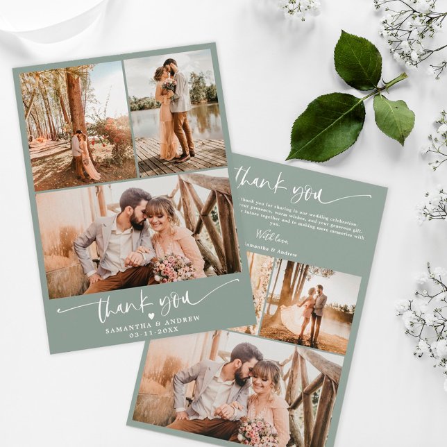 Modern sage green script heart 6 photos wedding thank you card (Creator Uploaded)