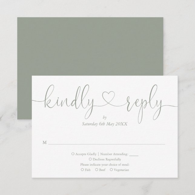 Modern Sage Green Script Heart Kindly Reply RSVP Card (Front/Back)