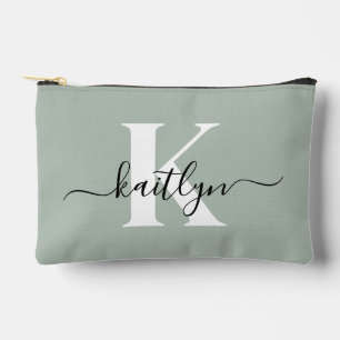 Modern Sage Green Script Monogram Accessory Pouch