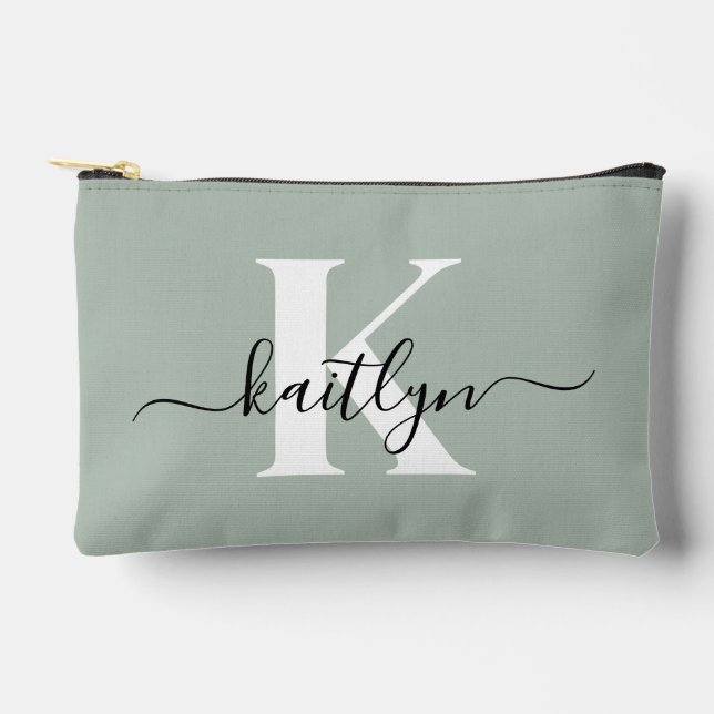 Modern Sage Green Script Monogram Accessory Pouch (Front)