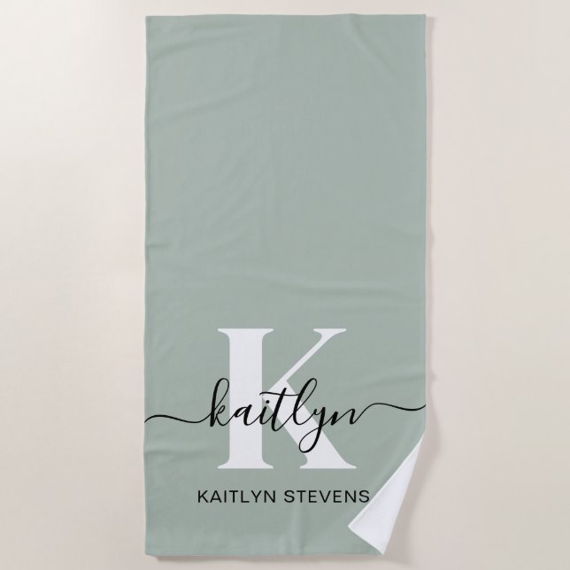 Modern Sage Green Script Monogram Beach Towel (Front)