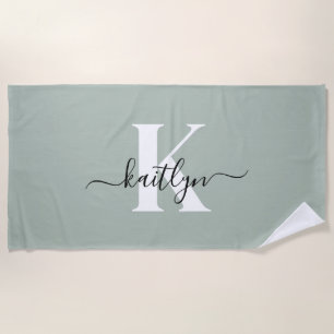 Modern Sage Green Script Monogram Beach Towel