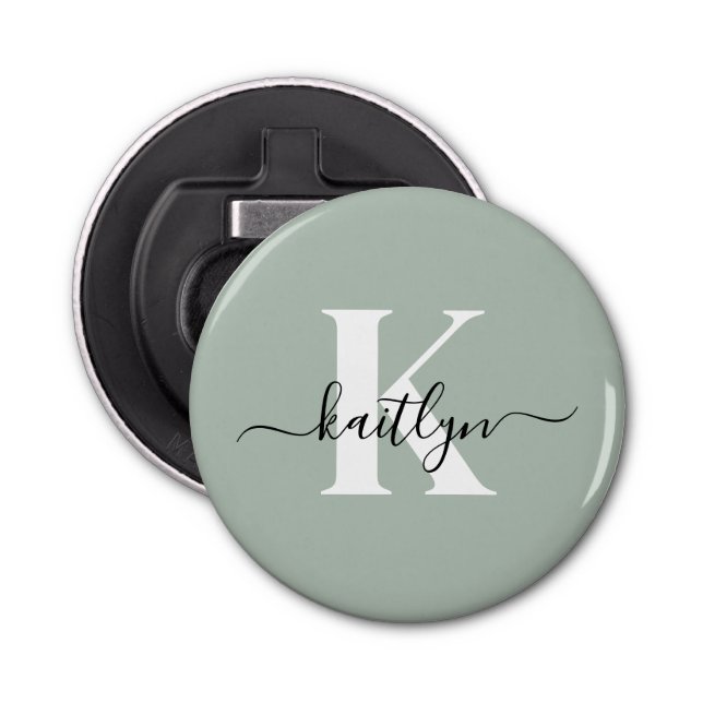 Modern Sage Green Script Monogram Bottle Opener (Front)