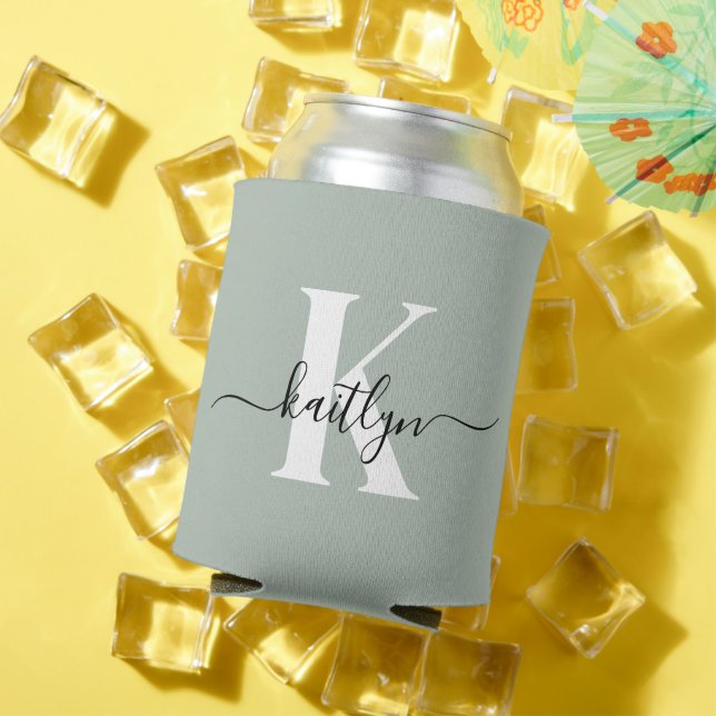 Modern Sage Green Script Monogram Can Cooler (In Situ Summer)