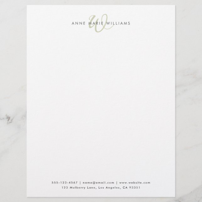 Modern Sage Green Script Monogram Custom Letterhead (Front)