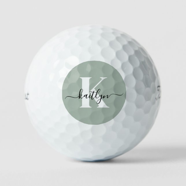 Modern Sage Green Script Monogram Golf Balls (Front)