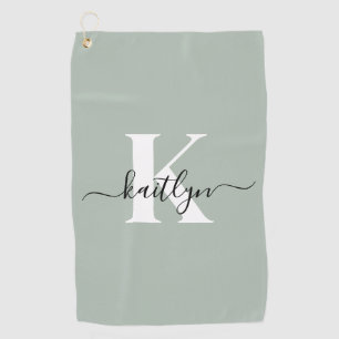 Modern Sage Green Script Monogram Golf Towel