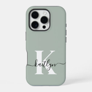 Modern Sage Green Script Monogram iPhone 16 Pro Case