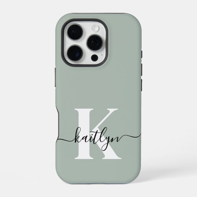Modern Sage Green Script Monogram iPhone Case (Back)
