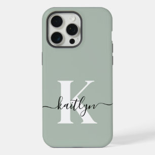 Modern Sage Green Script Monogram iPhone 15 Pro Max Case