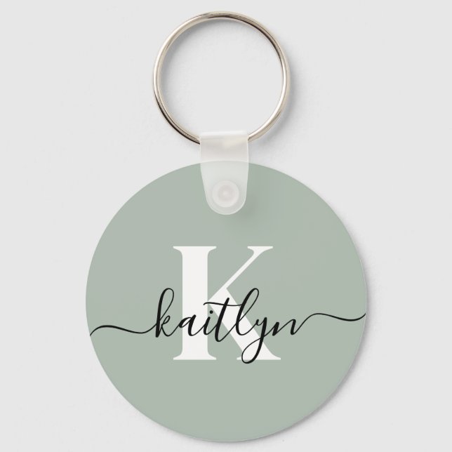 Modern Sage Green Script Monogram Key Ring (Front)