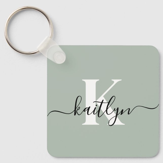 Modern Sage Green Script Monogram Key Ring (Front)