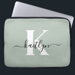 Modern Sage Green Script Monogram Laptop Sleeve<br><div class="desc">This simple,  elegant sage green 13" laptop sleeve with your first name in a trendy script font in black and your first initial in a modern cap font in white is perfect for you.  It's stylish and trendy and yet very classic. It's unique - like you!</div>